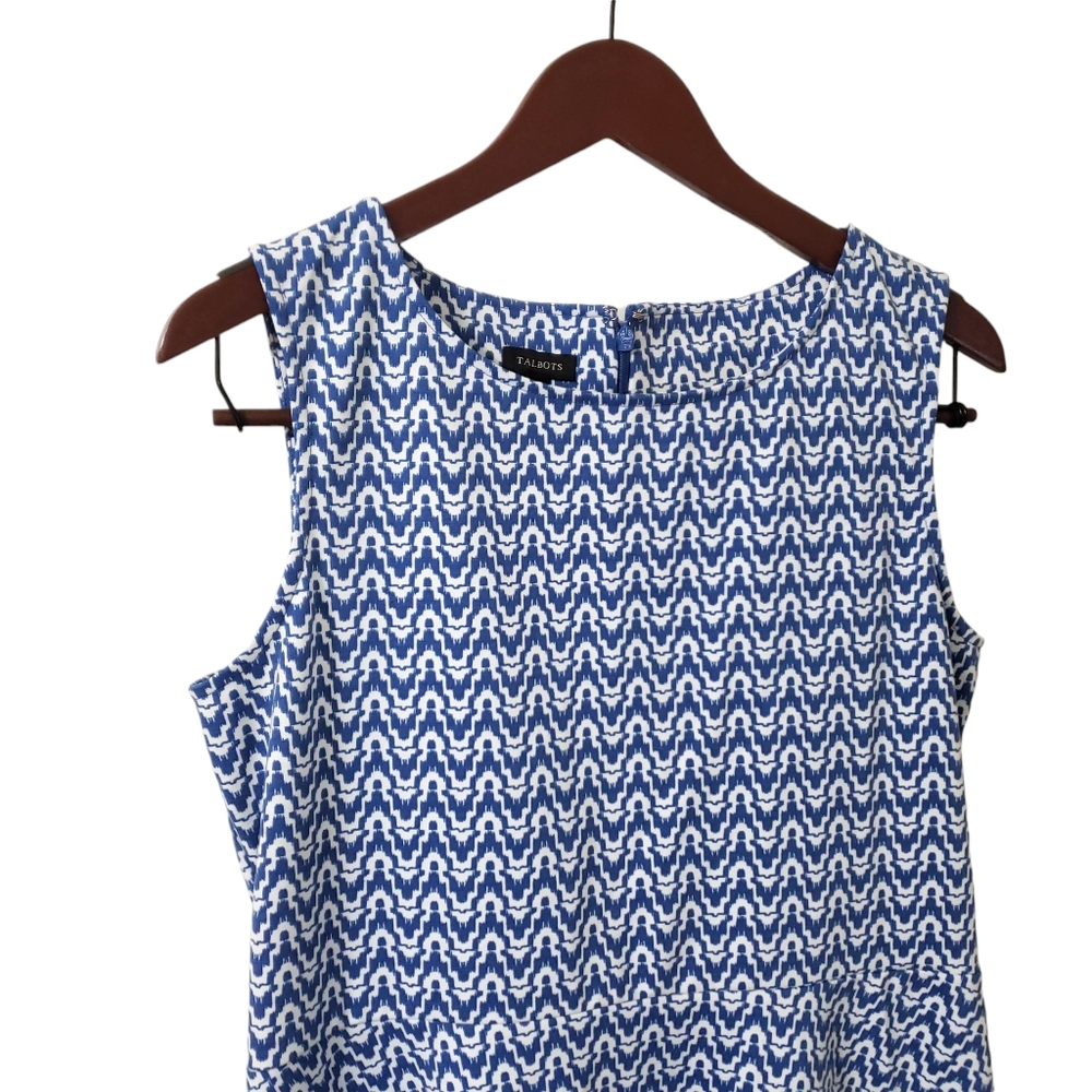 Talbots Sleeveless Blue Geometric Print Midi Dress Lg Fit N Flare Summer Career - Picture 4 of 12